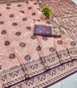 Peach zari woven banarasi silk blend traditional saree with blouse piece