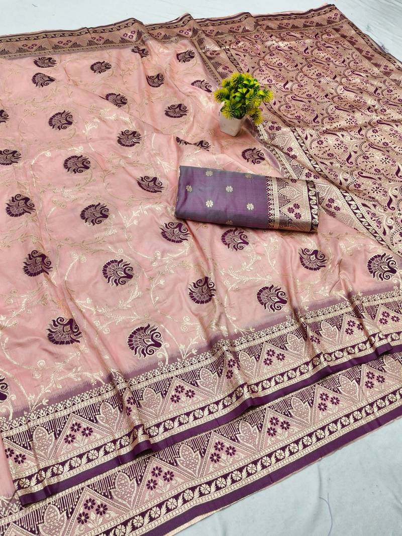 Peach zari woven banarasi silk blend traditional saree with blouse piece