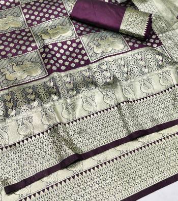 Wine zari woven silk blend traditional saree with blouse piece 3