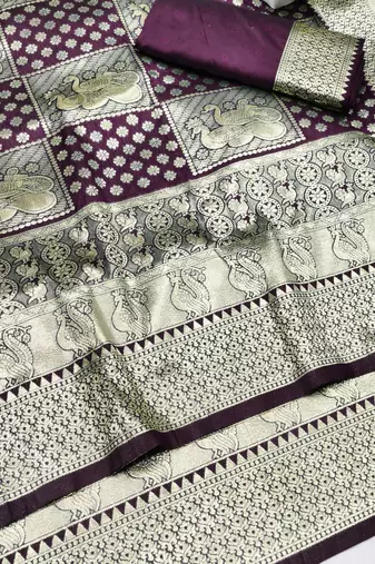 Wine zari woven silk blend traditional saree with blouse piece