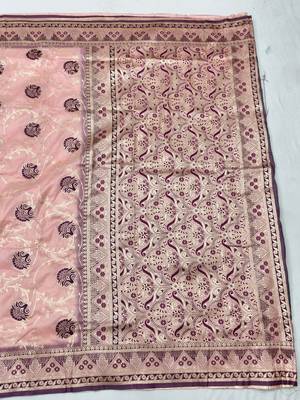 Peach zari woven silk blend traditional saree with blouse piece 2