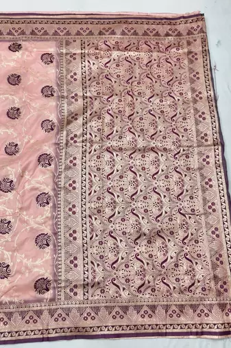 Peach zari woven silk blend traditional saree with blouse piece