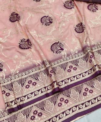 Peach zari woven silk blend traditional saree with blouse piece 3