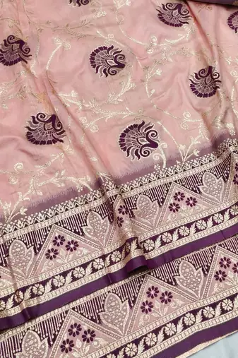 Peach zari woven silk blend traditional saree with blouse piece