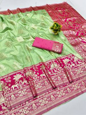 Pista zari woven silk blend traditional saree with blouse piece 1