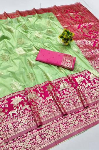 Pista zari woven banarasi silk blend traditional saree with blouse piece