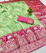 Pista zari woven banarasi silk blend traditional saree with blouse piece