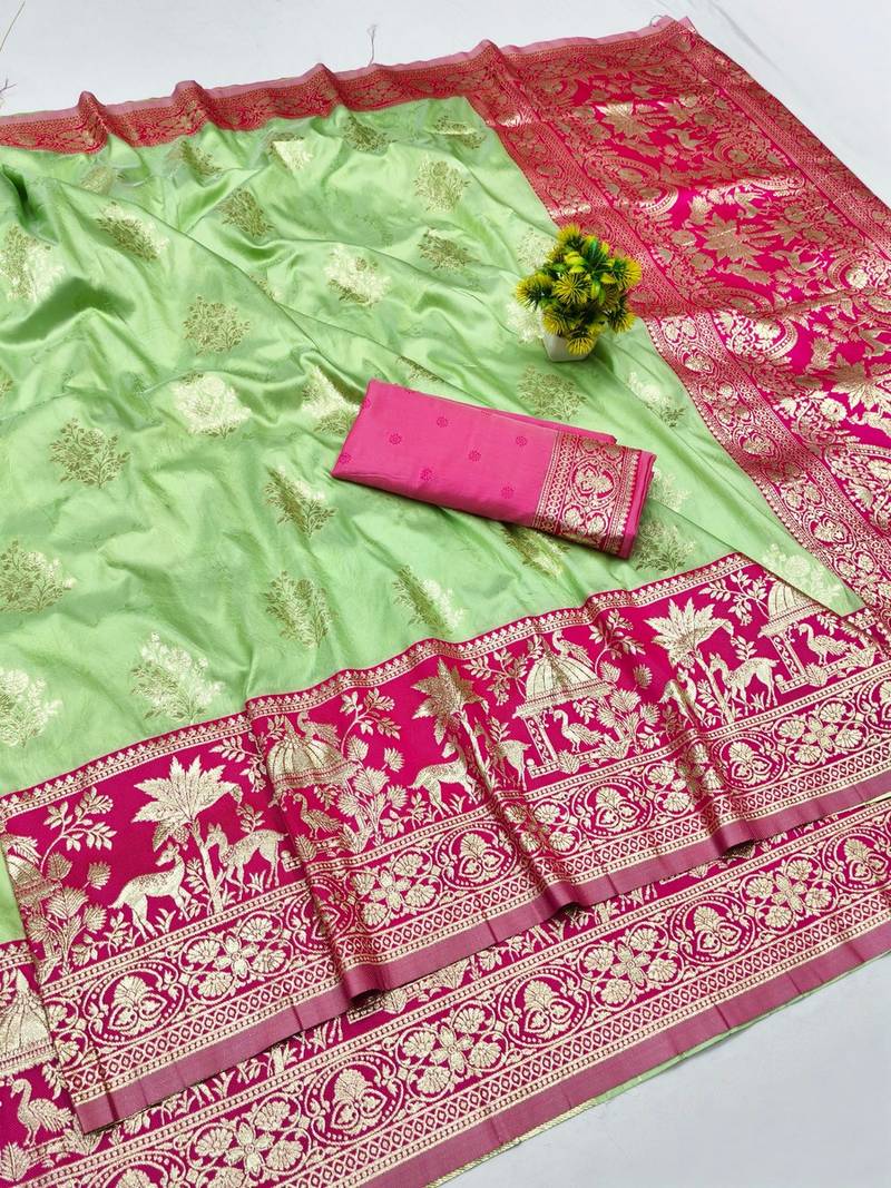 Pista zari woven banarasi silk blend traditional saree with blouse piece