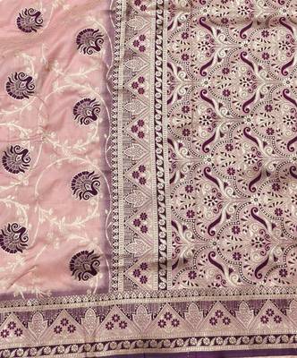 Peach zari woven silk blend traditional saree with blouse piece 5