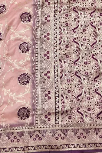 Peach zari woven silk blend traditional saree with blouse piece