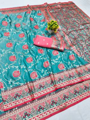 Blue zari woven silk blend traditional saree with blouse piece 1