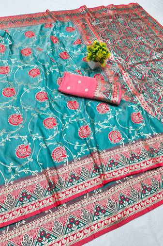 Blue zari woven banarasi silk blend traditional saree with blouse piece