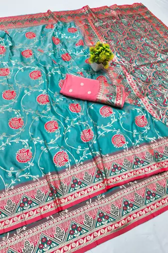 Blue zari woven silk blend traditional saree with blouse piece