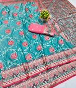 Blue zari woven banarasi silk blend traditional saree with blouse piece
