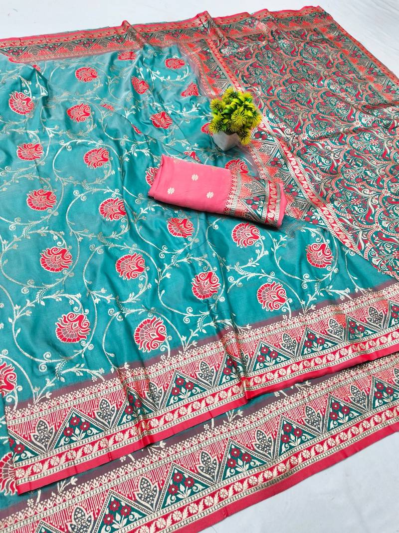 Blue zari woven banarasi silk blend traditional saree with blouse piece