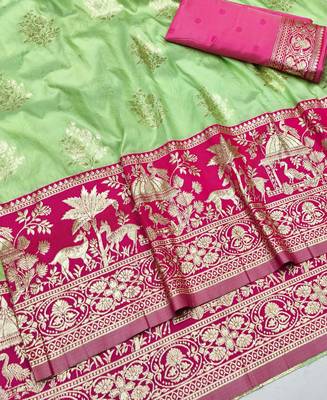 Pista zari woven silk blend traditional saree with blouse piece 3