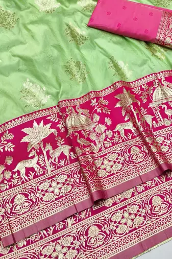 Pista zari woven silk blend traditional saree with blouse piece