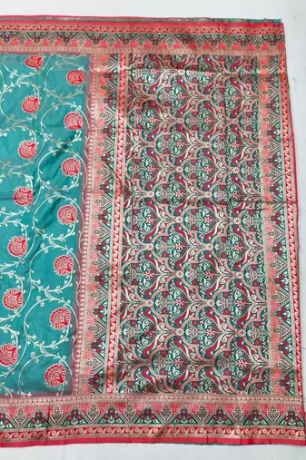 Blue zari woven silk blend traditional saree with blouse piece