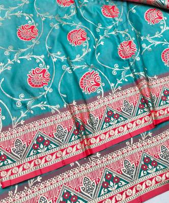 Blue zari woven silk blend traditional saree with blouse piece 3