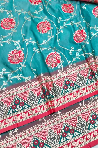 Blue zari woven silk blend traditional saree with blouse piece