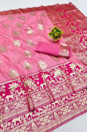 Pink zari woven banarasi silk blend traditional saree with blouse piece