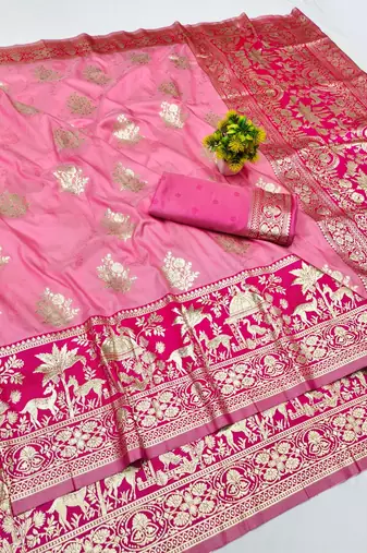 Pink zari woven banarasi silk blend traditional saree with blouse piece