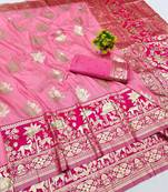 Pink zari woven banarasi silk blend traditional saree with blouse piece