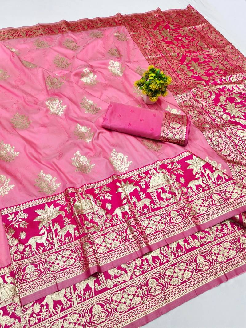Pink zari woven banarasi silk blend traditional saree with blouse piece