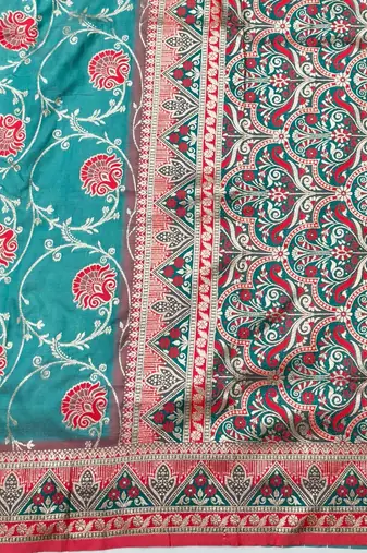 Blue zari woven silk blend traditional saree with blouse piece
