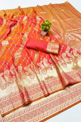Pink zari woven silk blend traditional saree with blouse piece