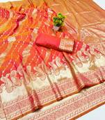 Pink zari woven silk blend traditional saree with blouse piece