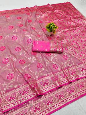 Pink zari woven silk blend traditional saree with blouse piece 1