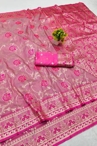 Pink zari woven banarasi silk blend traditional saree with blouse piece