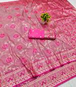 Pink zari woven banarasi silk blend traditional saree with blouse piece