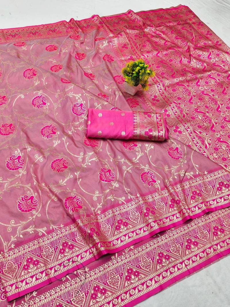 Pink zari woven banarasi silk blend traditional saree with blouse piece