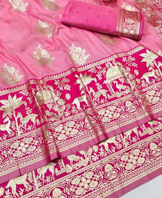 Pink zari woven silk blend traditional saree with blouse piece 3