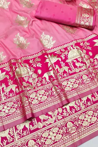 Pink zari woven silk blend traditional saree with blouse piece