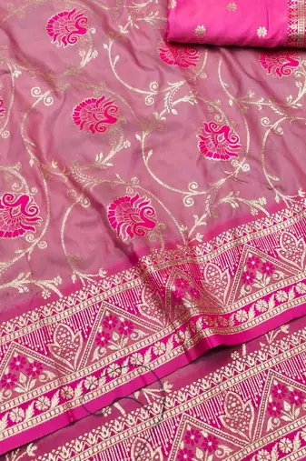 Pink zari woven silk blend traditional saree with blouse piece