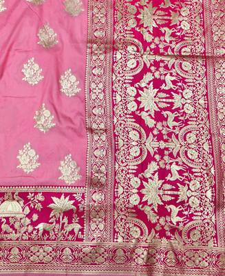 Pink zari woven silk blend traditional saree with blouse piece 5