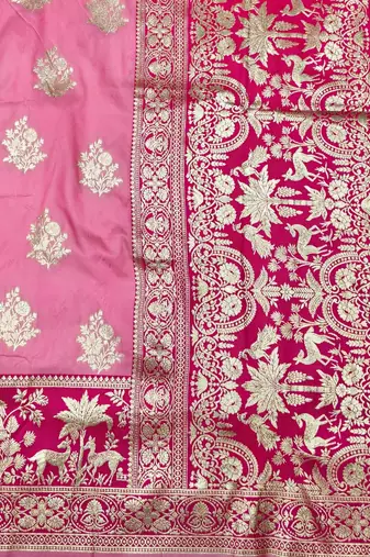 Pink zari woven silk blend traditional saree with blouse piece