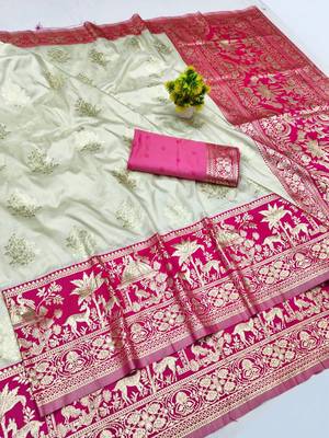 Cream zari woven silk blend traditional saree with blouse piece 1