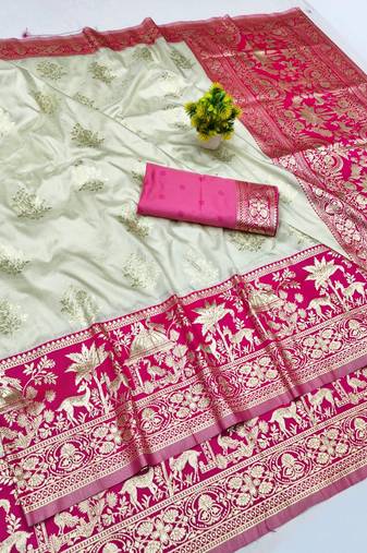 Cream zari woven banarasi silk blend traditional saree with blouse piece
