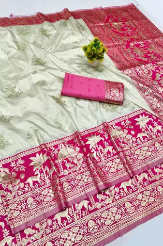 Cream zari woven banarasi silk blend traditional saree with blouse piece