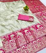 Cream zari woven banarasi silk blend traditional saree with blouse piece