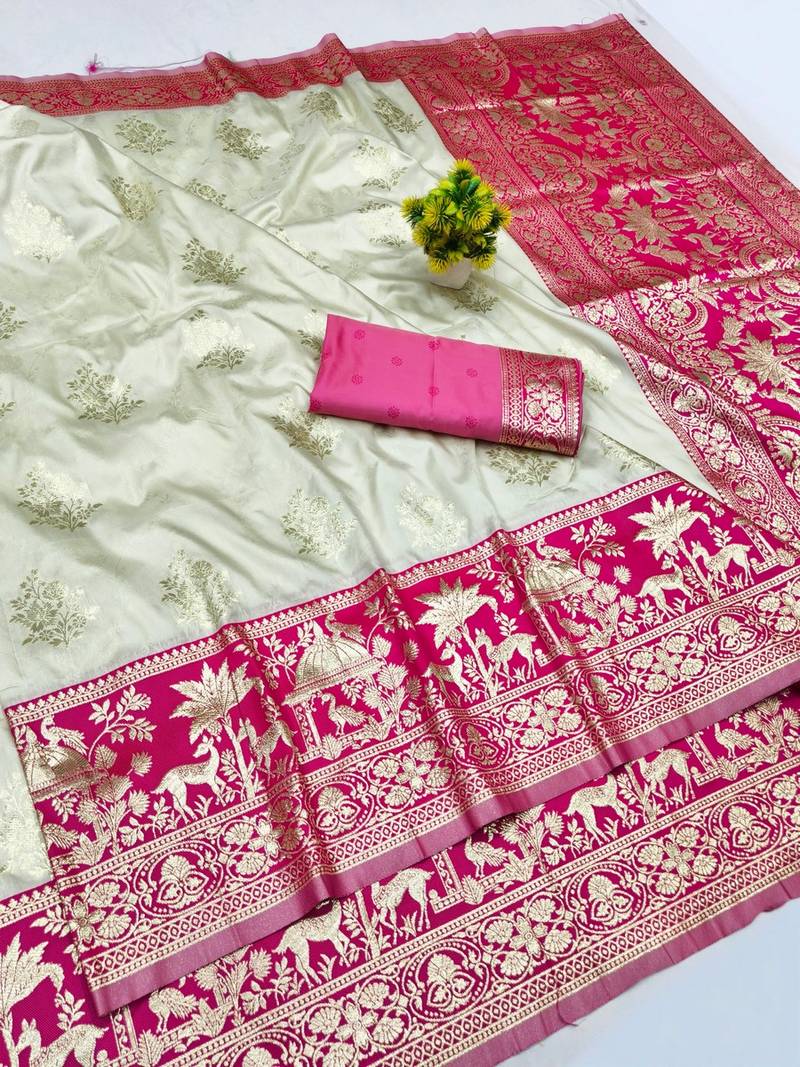 Cream zari woven banarasi silk blend traditional saree with blouse piece