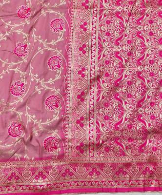 Pink zari woven silk blend traditional saree with blouse piece 5