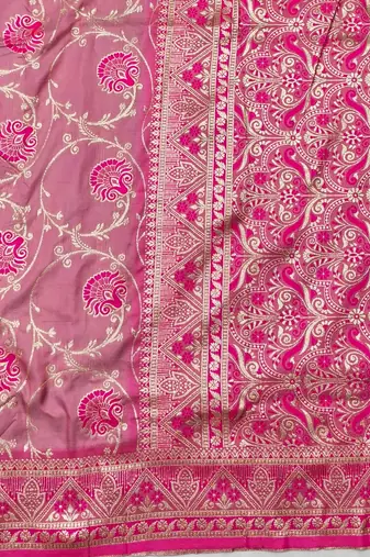 Pink zari woven silk blend traditional saree with blouse piece