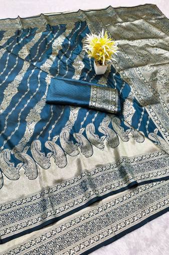 Navy blue zari woven silk blend traditional saree with blouse piece