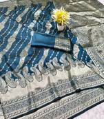 Navy blue zari woven banarasi silk blend traditional saree with blouse piece