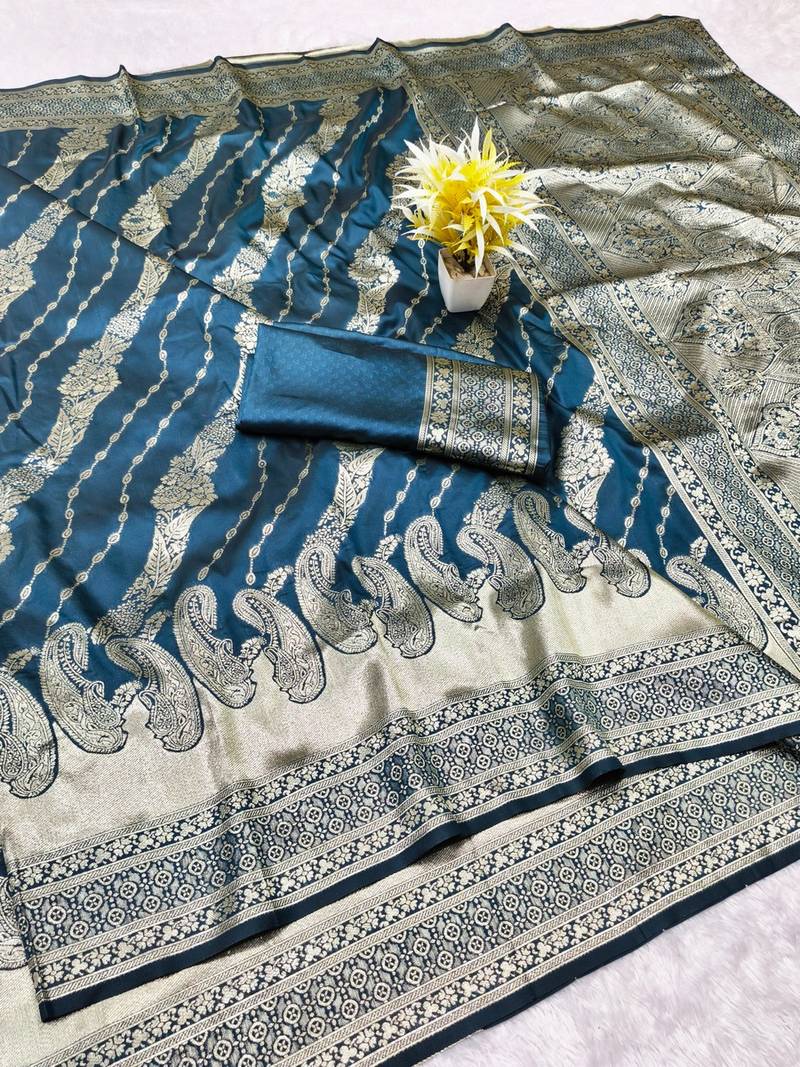 Navy blue zari woven banarasi silk blend traditional saree with blouse piece